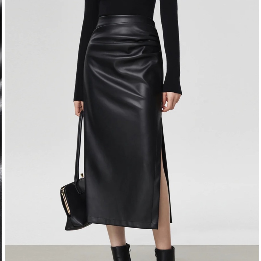COMMONSENSE Faux Leather Ruched Slit Midi Skirt
